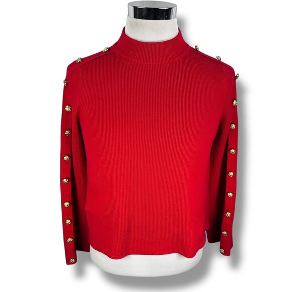 Tuckernuck Monroe Sweater Women's Small Red Mock Neck Bell Sleeve Relaxed Button - Picture 1 of 10